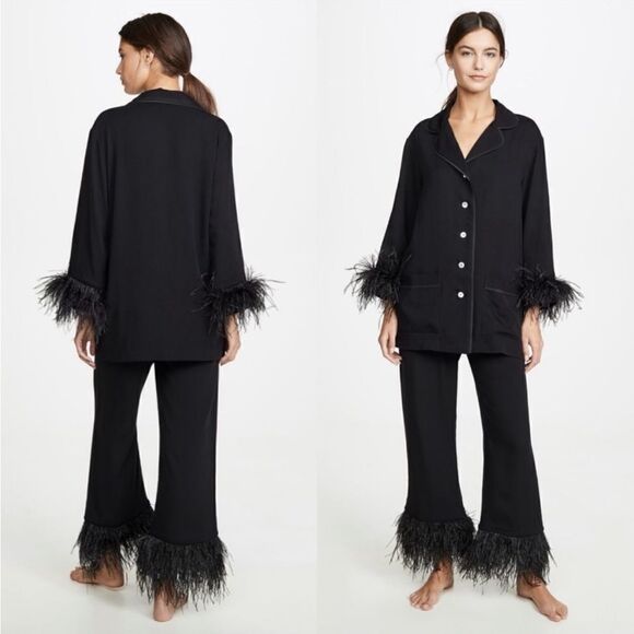 Sleeper Party Pajama Set With Ostrich Feather 100% Black XS - Picture 1 of 10